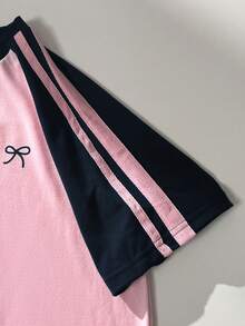 SHEIN Conjunto de 2 piezas para niñas preadolescentes: camiseta de cuello redondo y shorts deportivos cortos, ropa activa colorblock rosa y verde oscuro, manga corta, para escuela, jogging y verano - Azul Marino - Ver 4