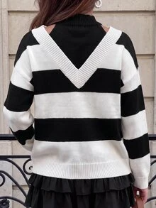 SHEIN Unity Striped Halter Neck Hollow Knit Long Sleeve Pullover Sweater,Long Sleeve Tops, Knit Pullover Fall Winter - Black and White - View 2