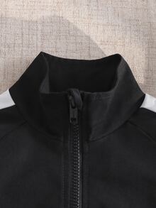 SHEIN 男童休閒刺繡對比條紋拉鍊上衣與運動長褲套裝，秋冬季 - 藏藍色 - 查看 4