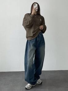 DAZY 宽松圆领刺绣设计女式长袖运动衫，秋季女装 - 咖啡棕 - 查看 3