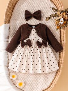 SHEIN Vintage Milk Coffee & Brown Polka Dot Patchwork Ribbed Frill Trim Long Sleeve 2 In 1 Dress With Delicate 3D Bow - Apricot - View 4