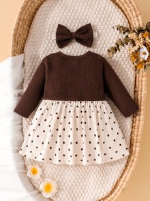 SHEIN Vintage Milk Coffee & Brown Polka Dot Patchwork Ribbed Frill Trim Long Sleeve 2 In 1 Dress With Delicate 3D Bow - Apricot - View 3