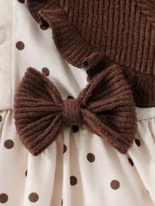 SHEIN Vintage Milk Coffee & Brown Polka Dot Patchwork Ribbed Frill Trim Long Sleeve 2 In 1 Dress With Delicate 3D Bow - Apricot - View 7