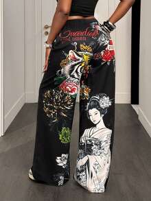 BamGleam Pantalones largos de pierna ancha negros y rosas para salir de noche, ir a bares, fiestas, noche de fiesta, otoño, rave, Y2K, hip hop, punk, años 90 - Negro - Ver 2