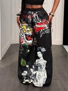 BamGleam Pantalones largos de pierna ancha negros y rosas para salir de noche, ir a bares, fiestas, noche de fiesta, otoño, rave, Y2K, hip hop, punk, años 90 - Negro - Ver 4