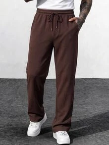 Manfinity RebelGame Men Solid Drawstring Waist Pants, Fall, Vacation, Father's Day Gifts, Football Halloween Christmas Winter Party Autumn - Coffee Brown - View 1