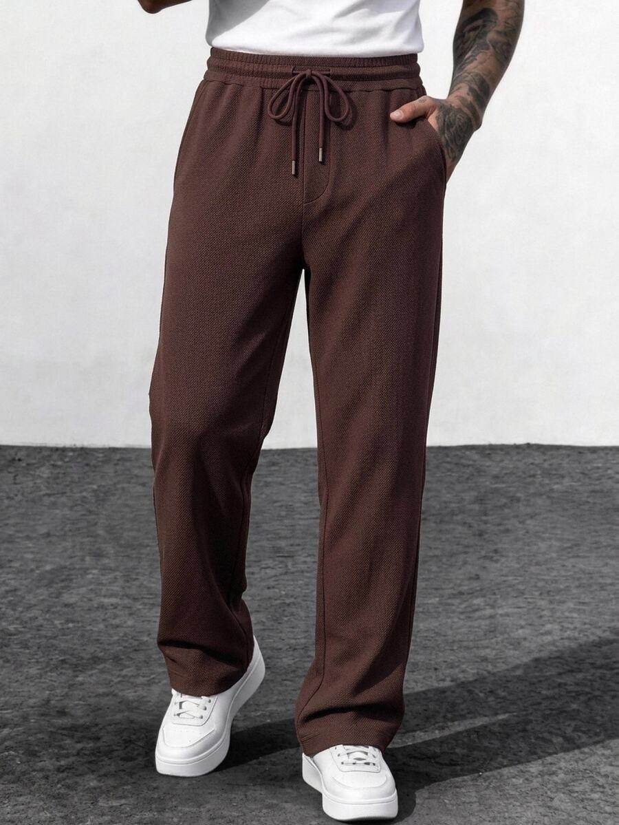 Manfinity RebelGame Men Solid Drawstring Waist Pants, Fall, Vacation, Father's Day Gifts, Football Halloween Christmas Winter Party Autumn - Coffee Brown - View 1