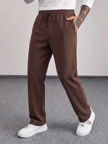 Manfinity RebelGame Men Solid Drawstring Waist Pants, Fall, Vacation, Father's Day Gifts, Football Halloween Christmas Winter Party Autumn - Coffee Brown - View 2