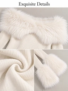 BamGleam Solid White Ribbed Knit Top Fluffy Faux Fur Collar Off The Shoulder Cropped Sweaters - White - View 9