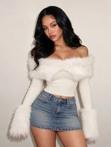 BamGleam Solid White Ribbed Knit Top Fluffy Faux Fur Collar Off The Shoulder Cropped Sweaters - White - View 7