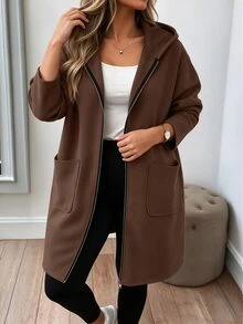 Weeklong Autumn/Winter Plus Size Women's Grass Green Hooded Mid-Length Coat With Zipper Pockets Loose Casual Travel Commute Versatile Sweatshirt Jacket - Chocolate Brown - View 5