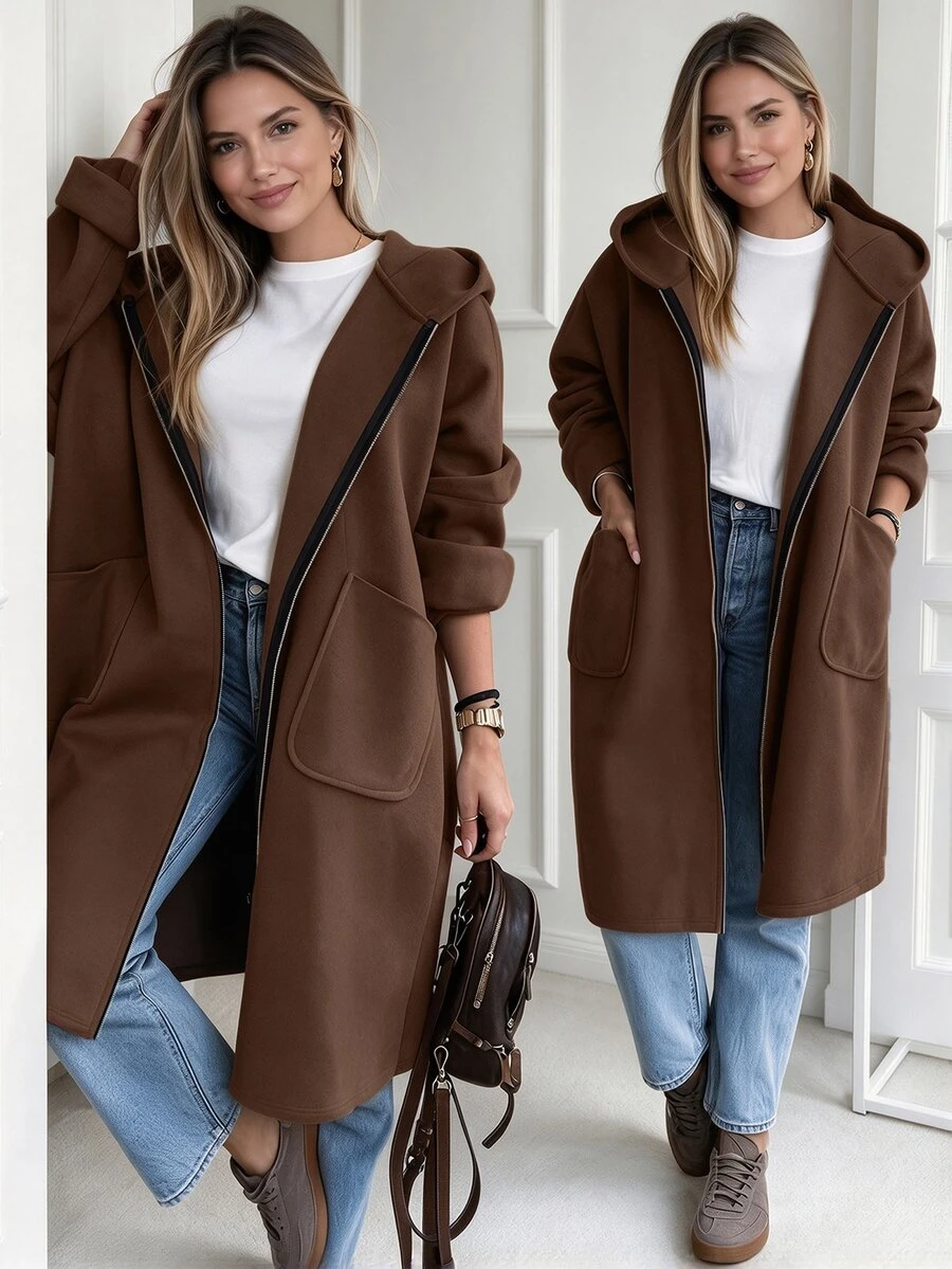 Weeklong Autumn/Winter Plus Size Women's Grass Green Hooded Mid-Length Coat With Zipper Pockets Loose Casual Travel Commute Versatile Sweatshirt Jacket - Chocolate Brown - View 1