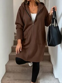 Weeklong Autumn/Winter Plus Size Women's Grass Green Hooded Mid-Length Coat With Zipper Pockets Loose Casual Travel Commute Versatile Sweatshirt Jacket - Chocolate Brown - View 3