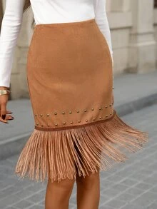 Brillora Women's Tassel Design Fashionable Versatile Skirt - Brown - View 10