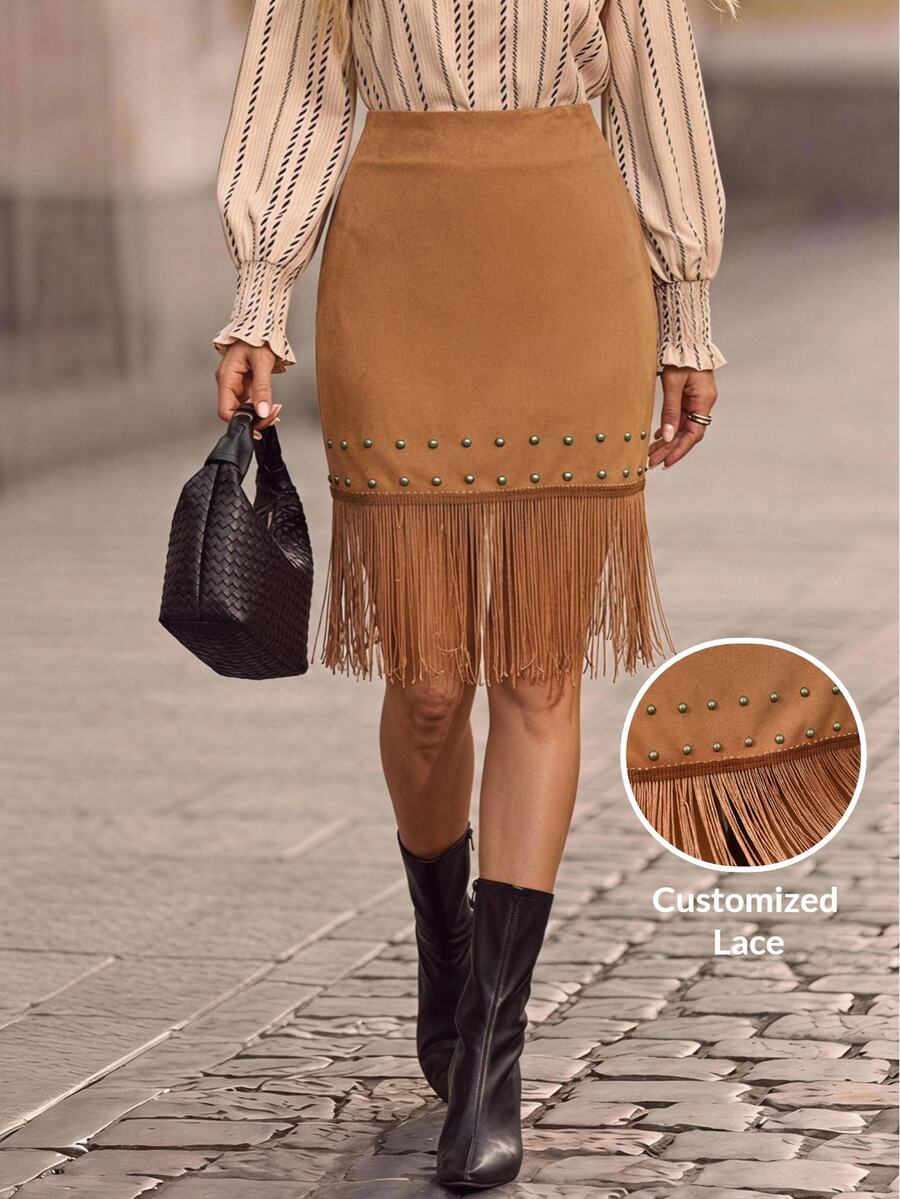 Brillora Women's Tassel Design Fashionable Versatile Skirt - Brown - View 1