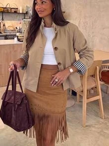Brillora Women's Tassel Design Fashionable Versatile Skirt - Brown - View 11