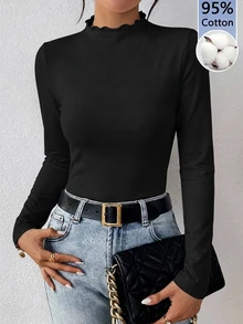 SHEIN Frenchy 95%棉女款休閒優雅修身長袖T恤，女款秋冬服飾 - 黑色 - 查看 1