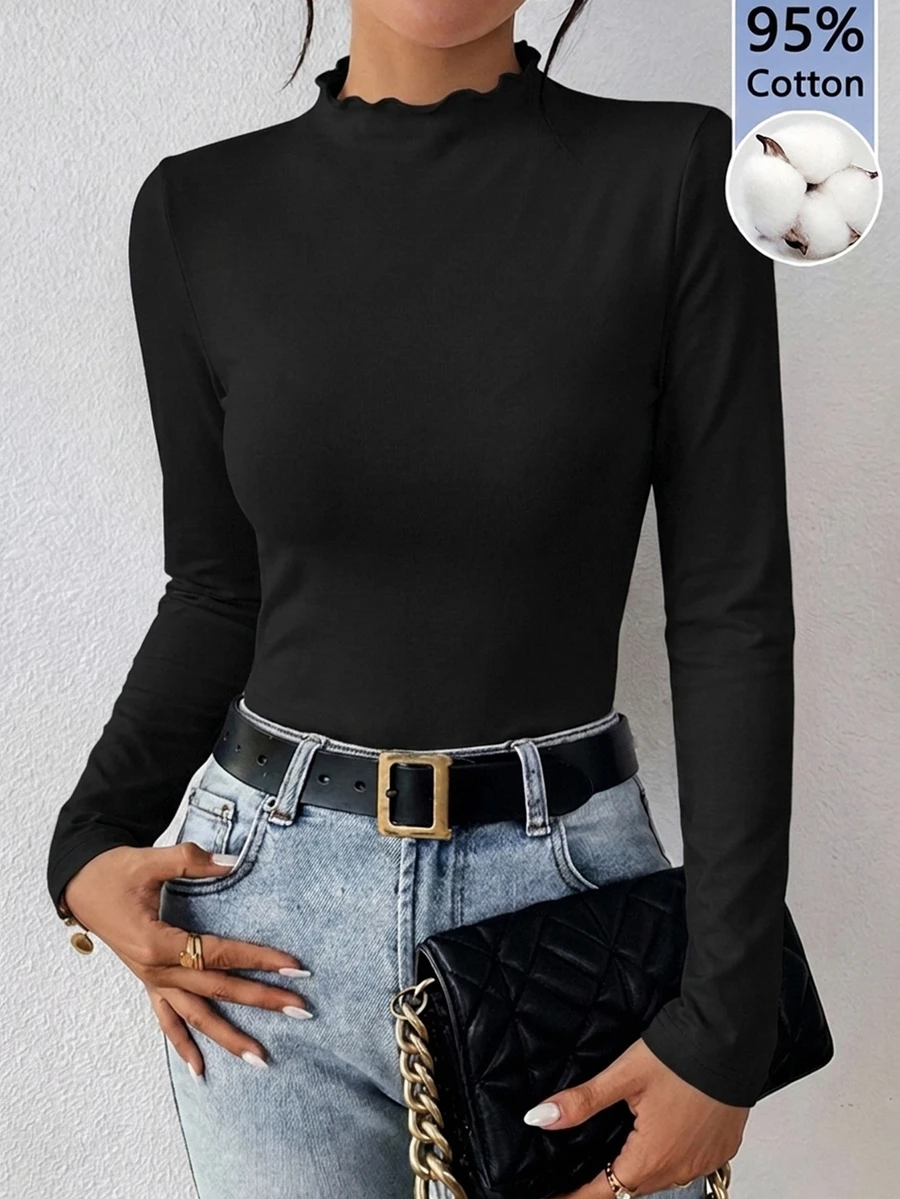 SHEIN Frenchy 95%棉女款休閒優雅修身長袖T恤,女款秋冬服飾 - 黑色 - 查看 1