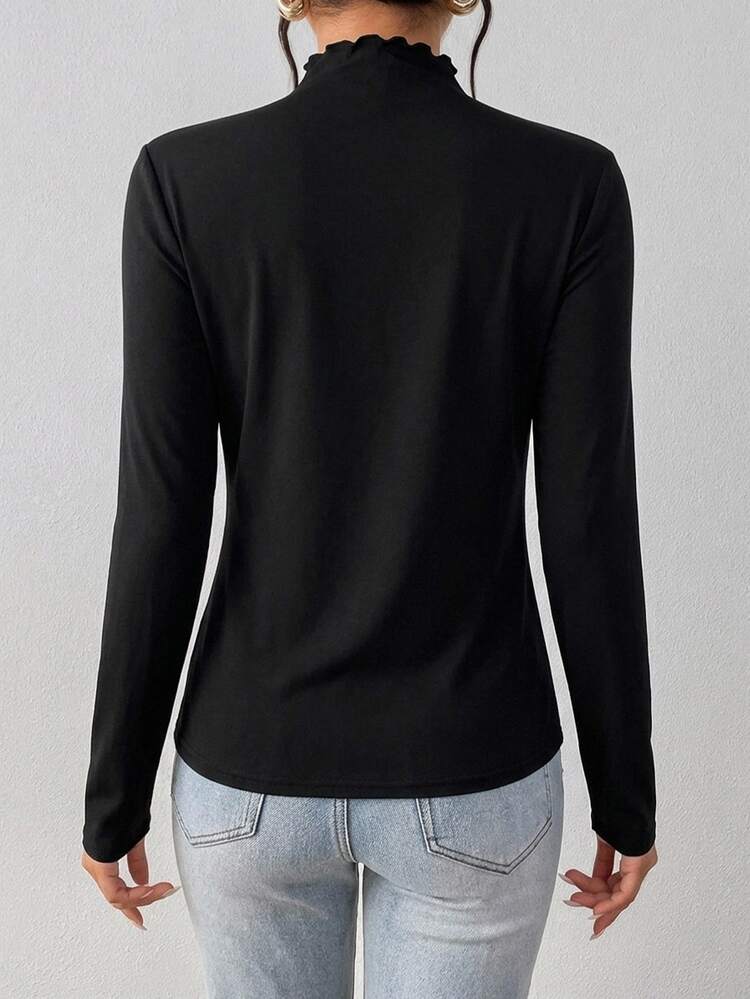 SHEIN Frenchy 95% Cotton Women's Casual Elegant Fitted Long Sleeve T-Shirt, Women's Autumn/Winter Clothing - Black - View 2