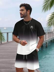 Manfinity RSRT Men's Ombre Gradient Round Neck Short Sleeve T-Shirt And Shorts Two Pieces Set, Summer Co Ords, Cozy Outfits, Holiday - Multicolor - View 1