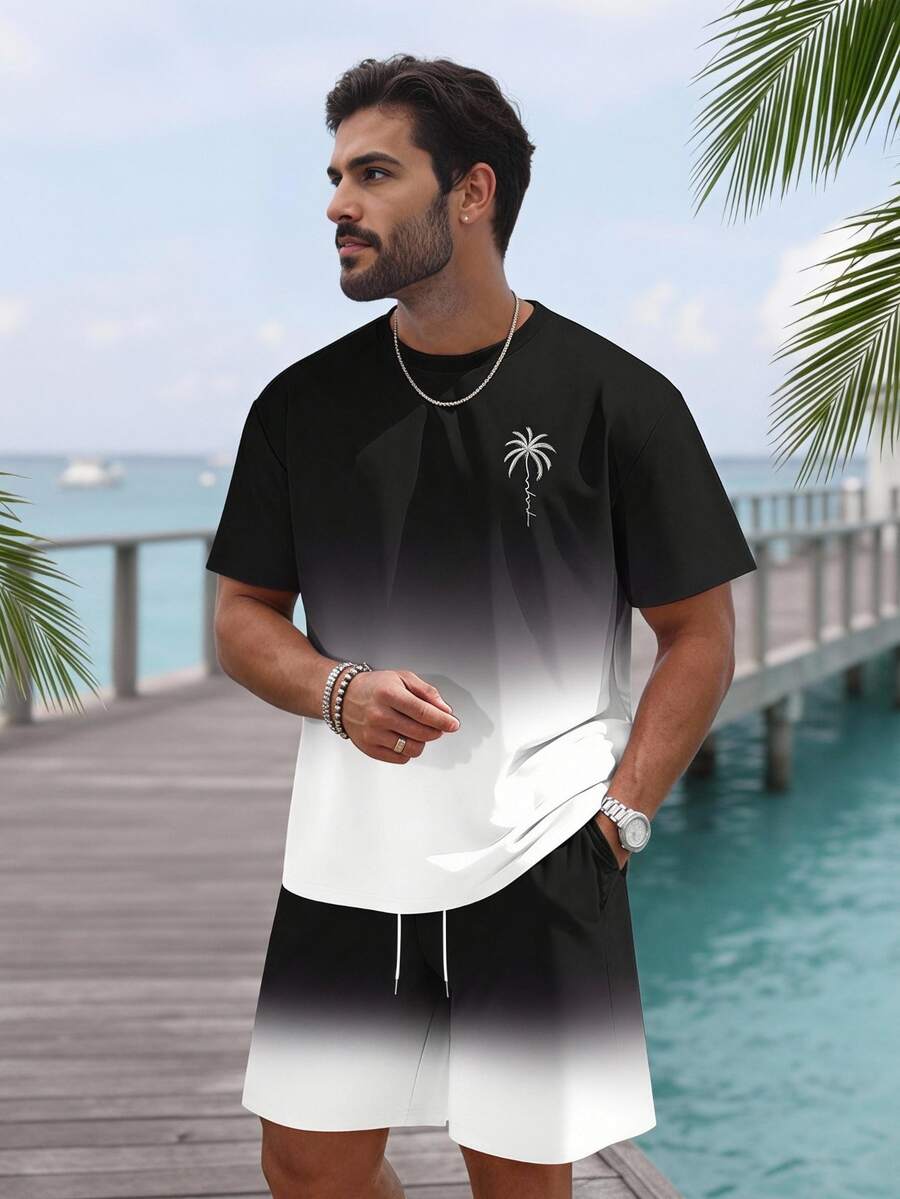 Manfinity RSRT Men's Ombre Gradient Round Neck Short Sleeve T-Shirt And Shorts Two Pieces Set, Summer Co Ords, Cozy Outfits, Holiday - Multicolor - View 1