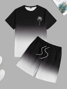 Manfinity RSRT Men's Ombre Gradient Round Neck Short Sleeve T-Shirt And Shorts Two Pieces Set, Summer Co Ords, Cozy Outfits, Holiday - Multicolor - View 3