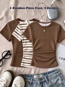 SHEIN Teen Girls Simple Round Neck Ruched Waist Fitted Short Sleeve T-Shirt, Versatile Style For Spring And Summer - Multicolor - View 1
