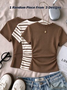 SHEIN Teen Girls Simple Round Neck Ruched Waist Fitted Short Sleeve T-Shirt, Versatile Style For Spring And Summer - Multicolor - View 2