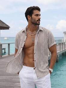Manfinity RSRT Men's Short Sleeve Shirt (Print Patchwork) Vacation White And Brown Summer Tropical - Coffee Brown - View 1