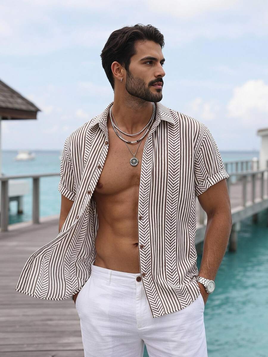 Manfinity RSRT Men's Short Sleeve Shirt (Print Patchwork) Vacation White And Brown Summer Tropical - Coffee Brown - View 1