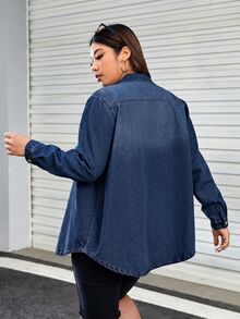 Rivivi Plus Size Casual Everyday Washed Flap Pocket Front Button Down Denim Shirt - Dark Wash - View 2