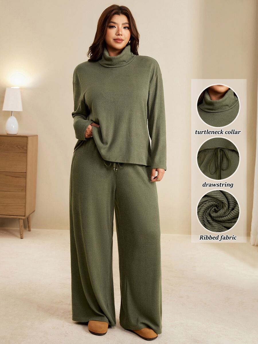 Edennvi Plus Size Ribbed Knit 2 Pieces Set For Women, Loose Long Sleeve Top With Drawstring Waist Wide Leg Pants, Casual Slouchy Knit Outfit For Autumn/Winter - Dark Green - View 1