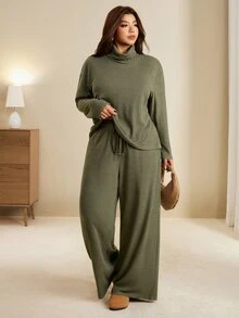 Edennvi Plus Size Ribbed Knit 2 Pieces Set For Women, Loose Long Sleeve Top With Drawstring Waist Wide Leg Pants, Casual Slouchy Knit Outfit For Autumn/Winter - Dark Green - View 5