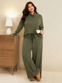 Edennvi Plus Size Ribbed Knit 2 Pieces Set For Women, Loose Long Sleeve Top With Drawstring Waist Wide Leg Pants, Casual Slouchy Knit Outfit For Autumn/Winter - Dark Green - View 7
