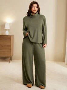 Edennvi Plus Size Ribbed Knit 2 Pieces Set For Women, Loose Long Sleeve Top With Drawstring Waist Wide Leg Pants, Casual Slouchy Knit Outfit For Autumn/Winter - Dark Green - View 3