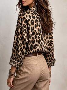 Linhara CURVE Regular Plus Size Women's Leopard Print Rolled Sleeve Single-Breasted Casual Shirt - Multicolor - View 2