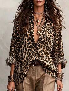 Linhara CURVE Regular Plus Size Women's Leopard Print Rolled Sleeve Single-Breasted Casual Shirt - Multicolor - View 3
