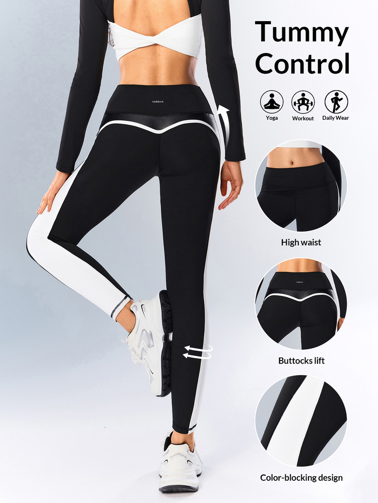 VARSIVA Women's Contrast Color High Waist Slim Fit Tight Sports Leggings - Black and White - View 7