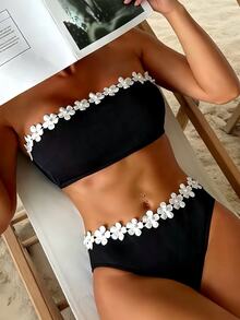 SHEIN Swim Appliques Bandeau Summer Beach Bikini Set Black 2 Pieces Bathing Suits - Black - View 2