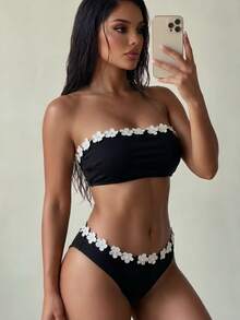 SHEIN Swim Appliques Bandeau Summer Beach Bikini Set Black 2 Pieces Bathing Suits - Black - View 4