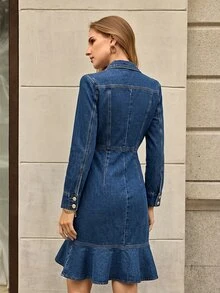 Selenza Women's Blazer Collar Ruffle Denim Dress - Medium Wash - View 4
