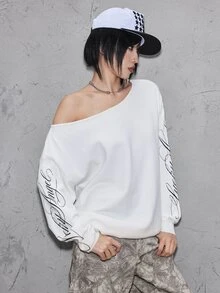 ROMWE Grunge Punk 女款冬季 Y2K 熱辣女孩復古音樂節派對提花花卉寬鬆不對稱露肩套頭毛衣 - 米色 - 查看 2