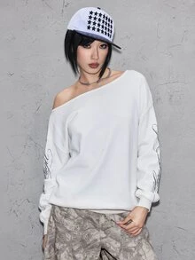 ROMWE Grunge Punk 女款冬季 Y2K 熱辣女孩復古音樂節派對提花花卉寬鬆不對稱露肩套頭毛衣 - 米色 - 查看 4