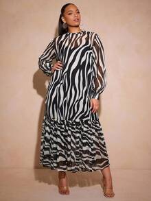 Vixey Zebra Print Ruffle Hem Sheer Mesh Balloon Sleeve Dress, Cami Dress Under Not Included Fall - Multicolor - View 5