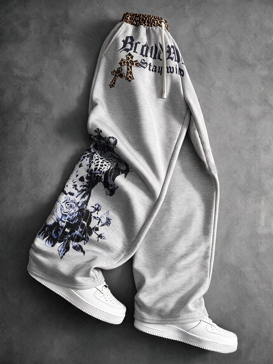 ROMWE MEN Men's Leopard Print Patchwork Waistband Cross Leopard Print Calligraphy Letter Street Loose Drawstring Sweatpants - Grey - View 1