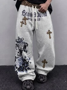 ROMWE MEN Men's Leopard Print Patchwork Waistband Cross Leopard Print Calligraphy Letter Street Loose Drawstring Sweatpants - Grey - View 8