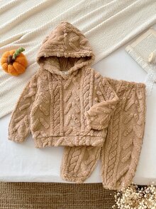 SHEIN Baby Girl Knitted Solid Color Faux Fur Hooded Casual Sweatshirt & Long Autumn Pants 2 Pieces Set - Khaki - View 3