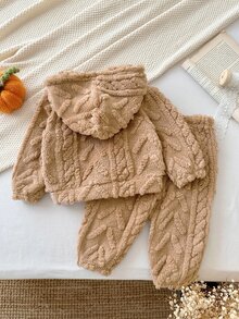 SHEIN Baby Girl Knitted Solid Color Faux Fur Hooded Casual Sweatshirt & Long Autumn Pants 2 Pieces Set - Khaki - View 2