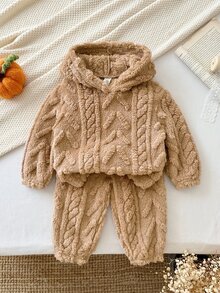 SHEIN Baby Girl Knitted Solid Color Faux Fur Hooded Casual Sweatshirt & Long Autumn Pants 2 Pieces Set - Khaki - View 4