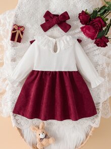 SHEIN Lace Round Neck Long Sleeved Patchwork Wine Red Ribbed Cap Sleeve Cinched Waist 2 In 1 Dress Headband Fall Christmas All White Burgundy Angel - Burgundy - View 5